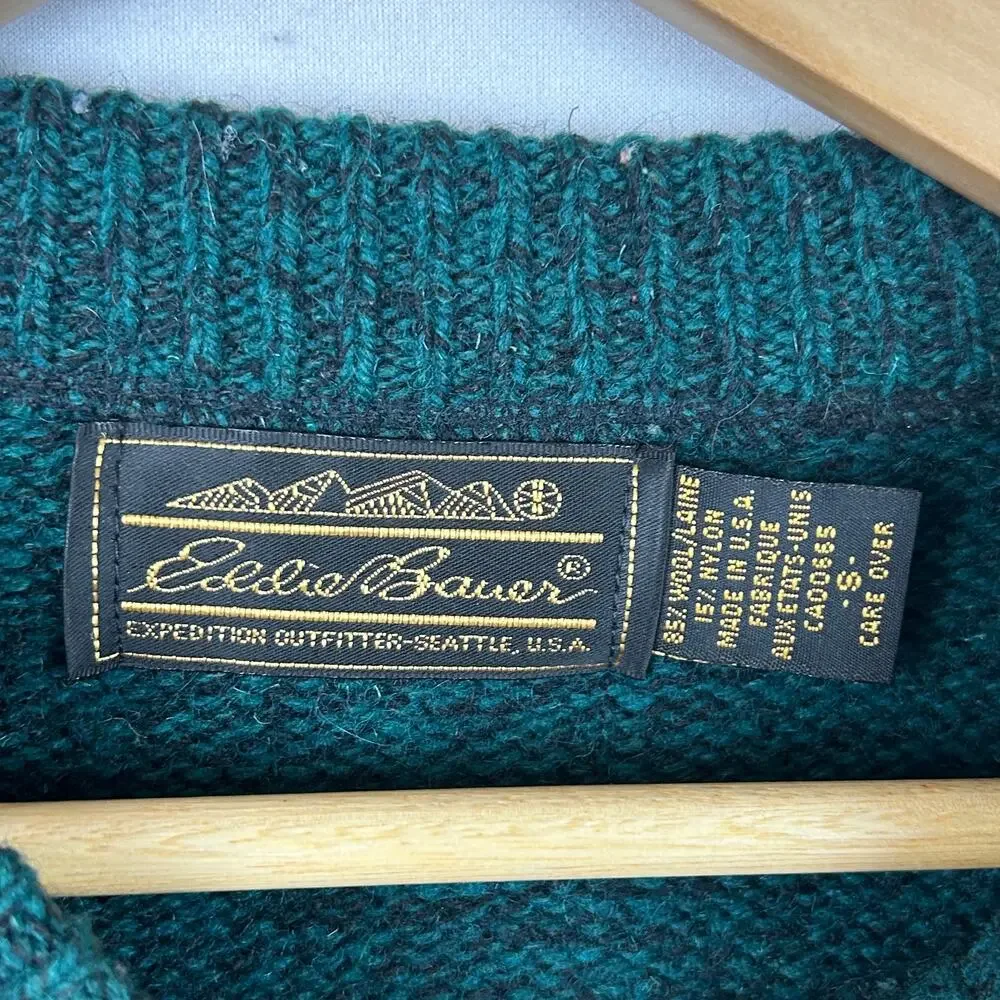 Eddie Bauer Vintage Green Wool Blend Fisherman Sweater Made in USA Men's Size S
